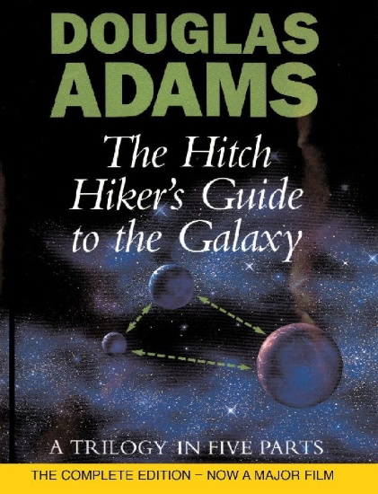 Buchcover und Innenansicht für das Buch: The Hitch Hiker's Guide to the Galaxy. A Trilogy in Five Parts