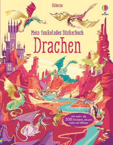 Buchcover und Innenansicht für das Buch: Mein funkelndes Stickerbuch: Drachen