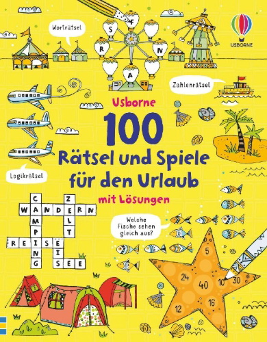 Buchcover und Innenansicht für das Buch: 100 Rätsel und Spiele für den Urlaub