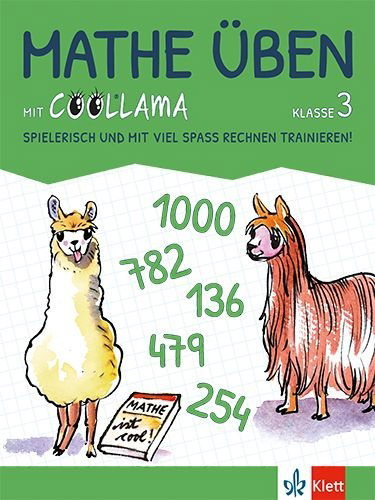 Buchcover und Innenansicht für das Buch: Mathe üben mit Coollama 3. Spielerisch und mit viel Spaß rechnen trainieren!