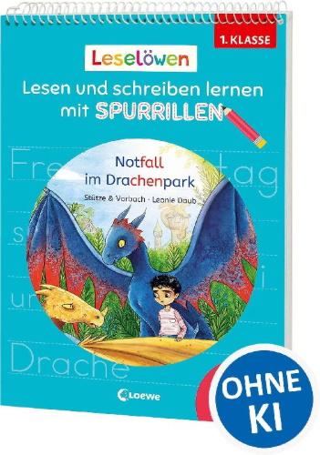 Buchcover und Innenansicht für das Buch: Leselöwen - Lesen und schreiben lernen mit Spurrillen - Notfall im Drachenpark