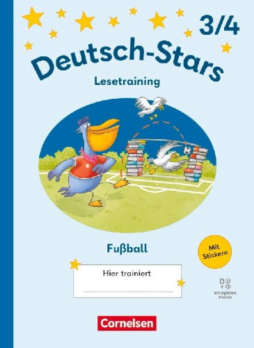Buchcover und Innenansicht für das Buch: Deutsch-Stars 3./4. Schuljahr - Lesetraining Ausgabe 2025 - Lesetraining für Fußballfans - Übungsheft
