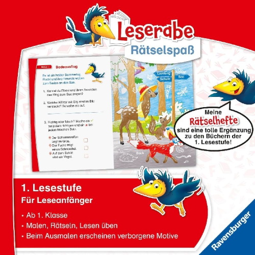 Buchcover und Innenansicht für das Buch: Leserabe Rätselspaß - Zauber-Malrätsel zum Lesenlernen: Im Wald (1. Lesestufe)