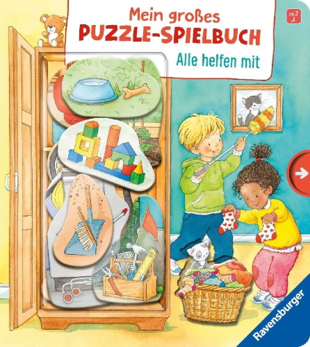 Buchcover und Innenansicht für das Buch: Mein großes Puzzle-Spielbuch - Alle helfen mit
