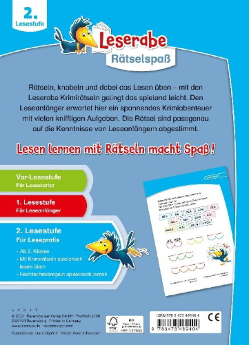 Buchcover und Innenansicht für das Buch: Leserabe - Rätselspaß - Krimirätsel zum Lesenlernen, 2. Lesestufe
