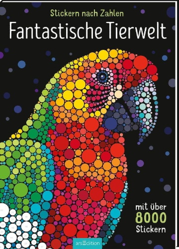 Buchcover und Innenansicht für das Buch: Stickern nach Zahlen - Fantastische Tierwelt