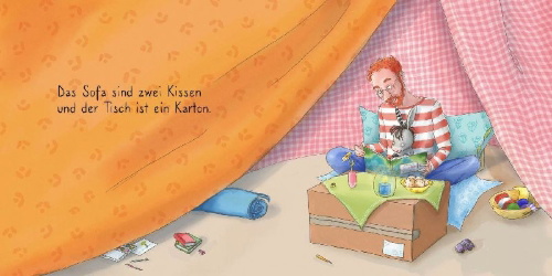 Buchcover und Innenansicht für das Buch: Grimm und Möhrchen bauen sich eine Höhle