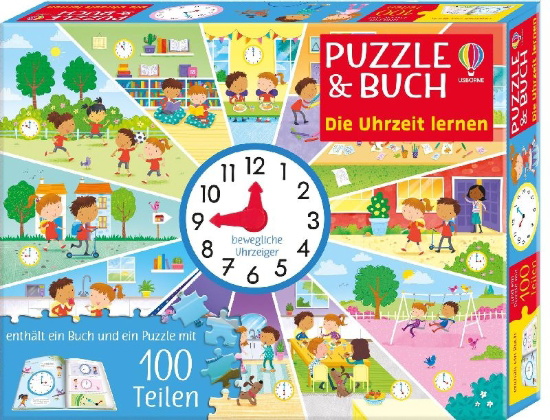 Buchcover und Innenansicht für das Buch: Puzzle & Buch: Die Uhrzeit lernen