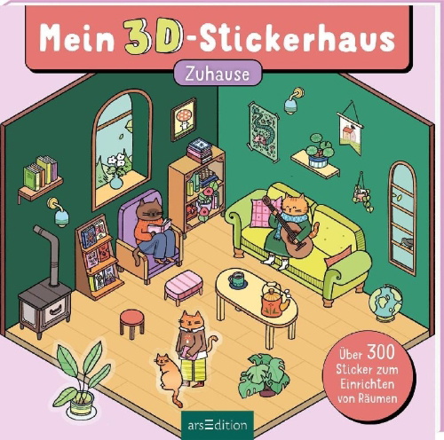 Buchcover und Innenansicht für das Buch: Mein 3D-Stickerhaus - Cozy Zuhause
