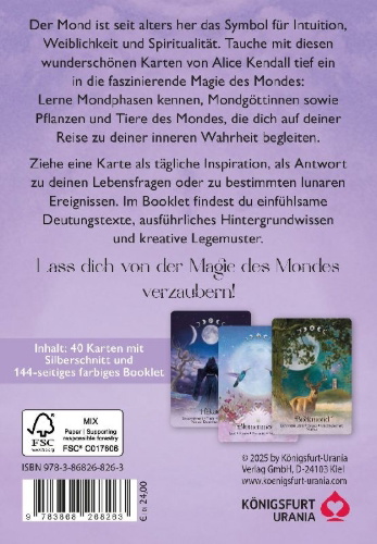 Buchcover und Innenansicht für das Buch: Lunar Magic Orakel - 40 Mondorakel-Karten mit Booklet (Deutsch; also in English. Search for product ID: 4250375110293 to get the lowest price)