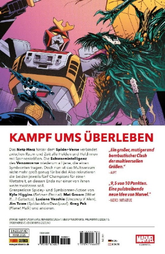 Buchcover und Innenansicht für das Buch: Web of Spider-Verse: New Blood (2025) #1, Web of Venomverse: Fresh Brains (2025) #1, Spider-Verse vs. Venomverse (2025) #1-#5