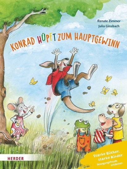 Buchcover und Innenansicht für das Buch: Konrad Känguru und Rita Rennmaus. Konrad hüpft zum Hauptgewinn
