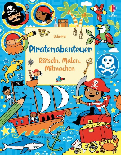 Buchcover und Innenansicht für das Buch: Piratenabenteuer - Rätseln, Malen, Mitmachen