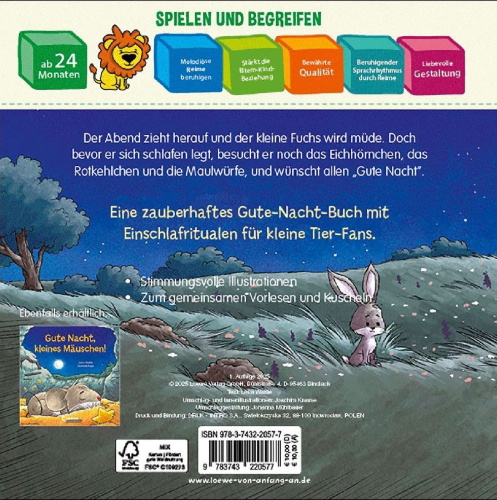 Buchcover und Innenansicht für das Buch: Gute Nacht, liebe Tierkinder!