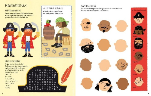 Buchcover und Innenansicht für das Buch: Piratenabenteuer - Rätseln, Malen, Mitmachen