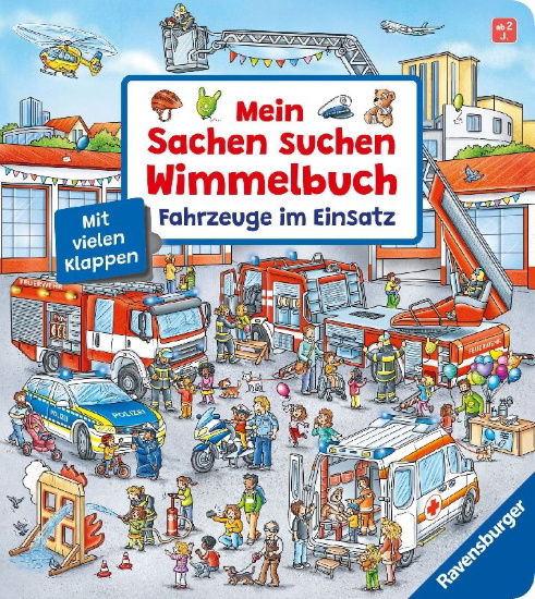 Buchcover und Innenansicht für das Buch: Mein Sachen suchen Wimmelbuch: Fahrzeuge im Einsatz