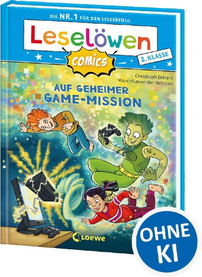 Buchcover und Innenansicht für das Buch: Leselöwen Comics 2. Klasse - Auf geheimer Game-Mission