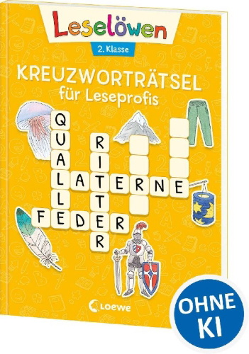 Buchcover und Innenansicht für das Buch: Leselöwen Kreuzworträtsel für Leseprofis - 2. Klasse (Sonnengelb)