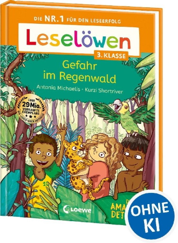 Buchcover und Innenansicht für das Buch: Leselöwen 3. Klasse - Amazonas-Detektive: Gefahr im Regenwald