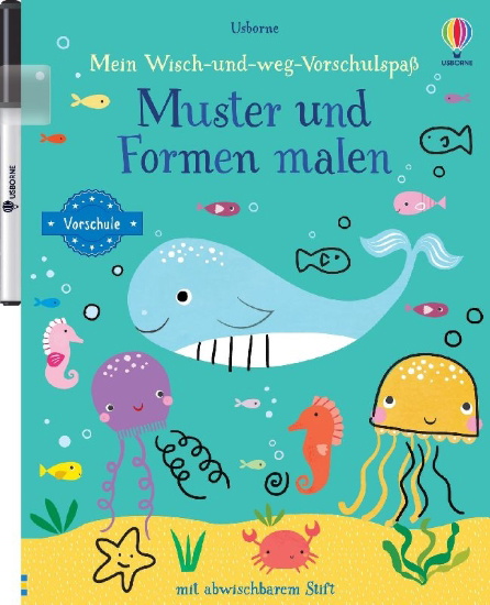 Buchcover und Innenansicht für das Buch: Mein Wisch-und-weg-Vorschulspaß:  Muster und Formen malen