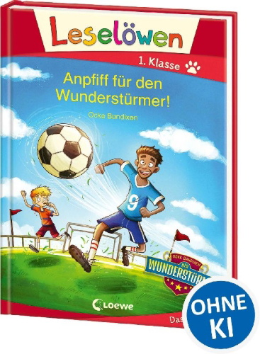 Buchcover und Innenansicht für das Buch: Leselöwen 1. Klasse - Anpfiff für den Wunderstürmer!