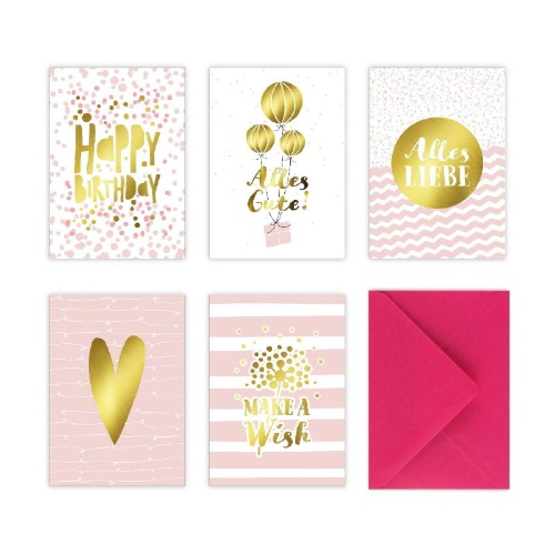 Buchcover und Innenansicht für das Buch: 5 Geburtstagskarten im Set inkl. Umschläge in pink. Rosa Glückwunschkarten zum in DIN A6 mit edler Folienprägung in Gold. Klappkarten zum Geburtstag, Hochzeit, Geburt, Firmung, Konfirmation