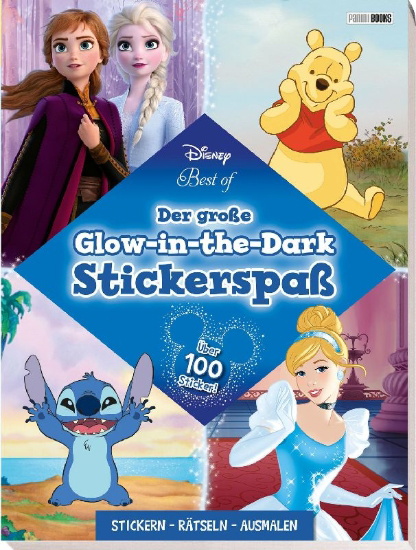 Buchcover und Innenansicht für das Buch: Disney Best of: Der große Glow-in-the-Dark-Stickerspaß: Stickern - Rätseln - Ausmalen