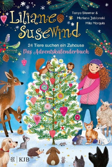 Buchcover und Innenansicht für das Buch: Liliane Susewind - 24 Tiere suchen ein Zuhause. Das Adventskalenderbuch