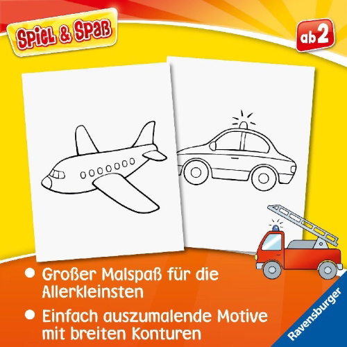 Buchcover und Innenansicht für das Buch: Spiel & Spaß - Mein allererster Malblock: Fahrzeuge