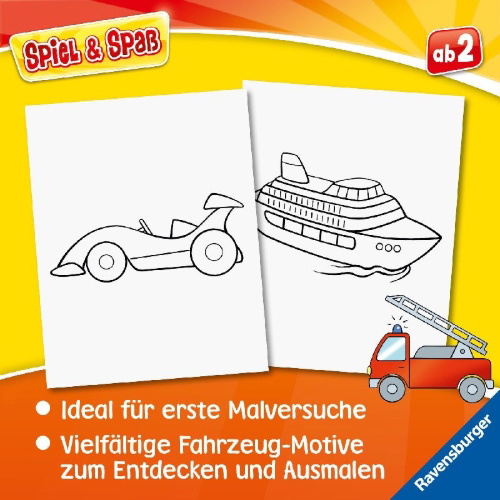 Buchcover und Innenansicht für das Buch: Spiel & Spaß - Mein allererster Malblock: Fahrzeuge