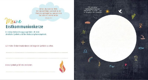 Buchcover und Innenansicht für das Buch: Meine Erstkommunion Erinnerungsalbum Regenbogen