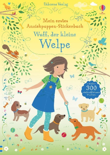 Buchcover und Innenansicht für das Buch: Mein erstes Anziehpuppen-Stickerbuch: Wuff, der kleine Welpe