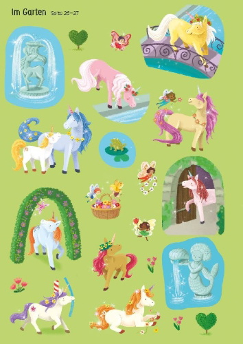 Buchcover und Innenansicht für das Buch: Mein magischer Stickertraum: Meerjungfrauen - Feen - Einhörner