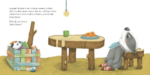 Buchcover und Innenansicht für das Buch: "Ich bin gar nicht müde!", sagt der kleine Dachs (Einschlaf-Buch)