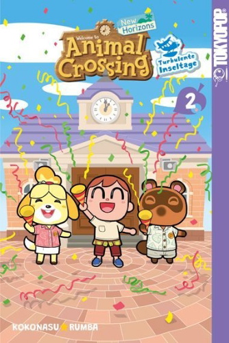 Buchcover und Innenansicht für das Buch: Animal Crossing: New Horizons - Turbulente Inseltage 02