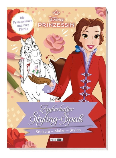Buchcover und Innenansicht für das Buch: Disney Prinzessin: Zauberhafter Styling-Spaß - Stickern - Malen - Stylen