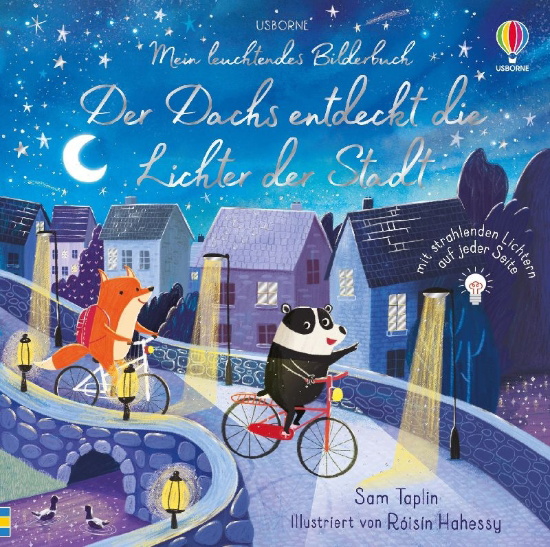 Buchcover und Innenansicht für das Buch: Mein leuchtendes Bilderbuch: Der Dachs entdeckt die Lichter der Stadt