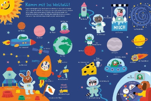 Buchcover und Innenansicht für das Buch: Dinos, Feen und Weltraumhelden: Mein kunterbuntes Bildwörterbuch