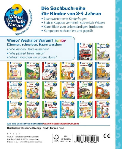 Buchcover und Innenansicht für das Buch: Wieso? Weshalb? Warum? junior, Band 79 - Kämmen, schneiden, Haare waschen