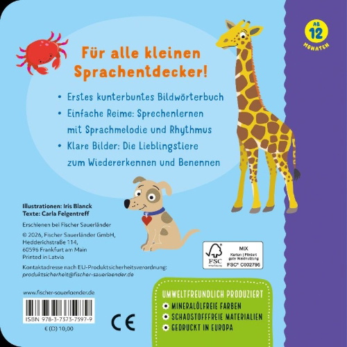 Buchcover und Innenansicht für das Buch: Kennst du das? Babys erstes Bildwörterbuch. Jeden Tag ein neues Tier