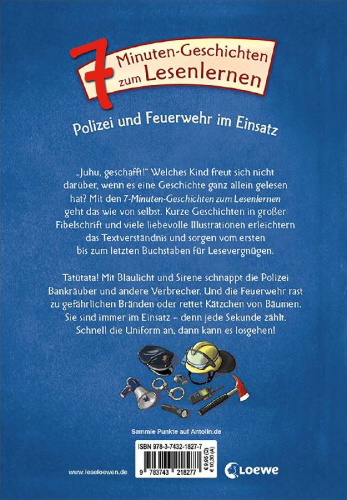 Buchcover und Innenansicht für das Buch: 7-Minuten-Geschichten zum Lesenlernen - Polizei und Feuerwehr im Einsatz