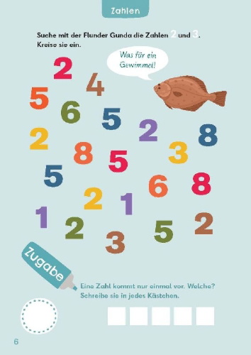 Buchcover und Innenansicht für das Buch: Rechenrätsel für mutige Kinder - Zahlen und Meer - Ab 6 Jahren