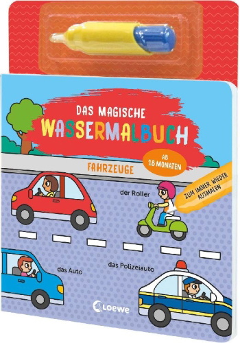 Buchcover und Innenansicht für das Buch: Das magische Wassermalbuch - Fahrzeuge