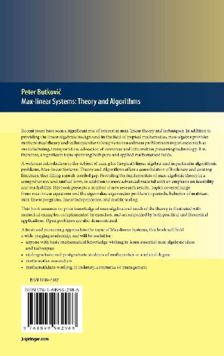 Buchcover und Innenansicht für das Buch: Max-linear Systems: Theory and Algorithms