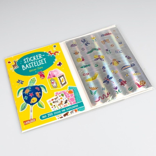 Buchcover und Innenansicht für das Buch: Bastelset für Kinder: Sticker-Bastelset: Glitzer-Tiere