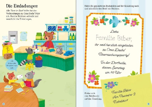 Buchcover und Innenansicht für das Buch: Mein Immer-wieder-Stickerbuch: Oma Dachs feiert Geburtstag