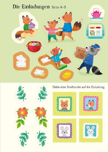 Buchcover und Innenansicht für das Buch: Mein Immer-wieder-Stickerbuch: Oma Dachs feiert Geburtstag