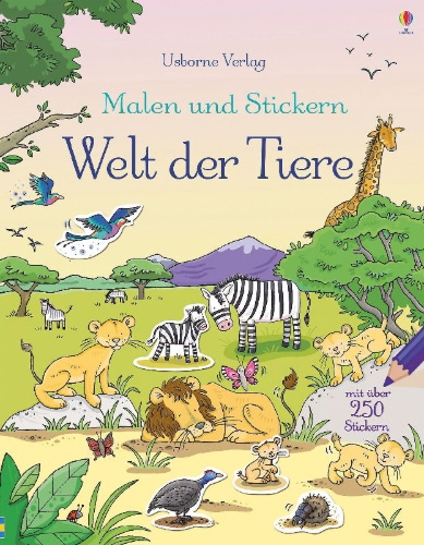 Buchcover und Innenansicht für das Buch: Malen und Stickern: Welt der Tiere