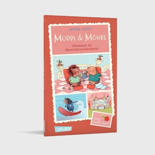 Buchcover und Innenansicht für das Buch: Moppi und Möhre - Abenteuer im Meerschweinchenhotel