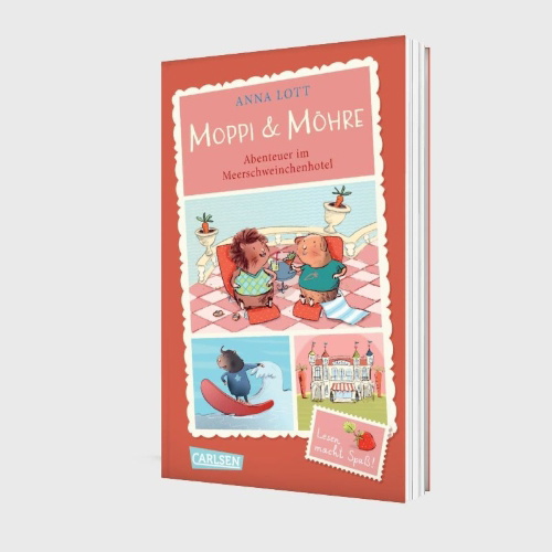 Buchcover und Innenansicht für das Buch: Moppi und Möhre - Abenteuer im Meerschweinchenhotel